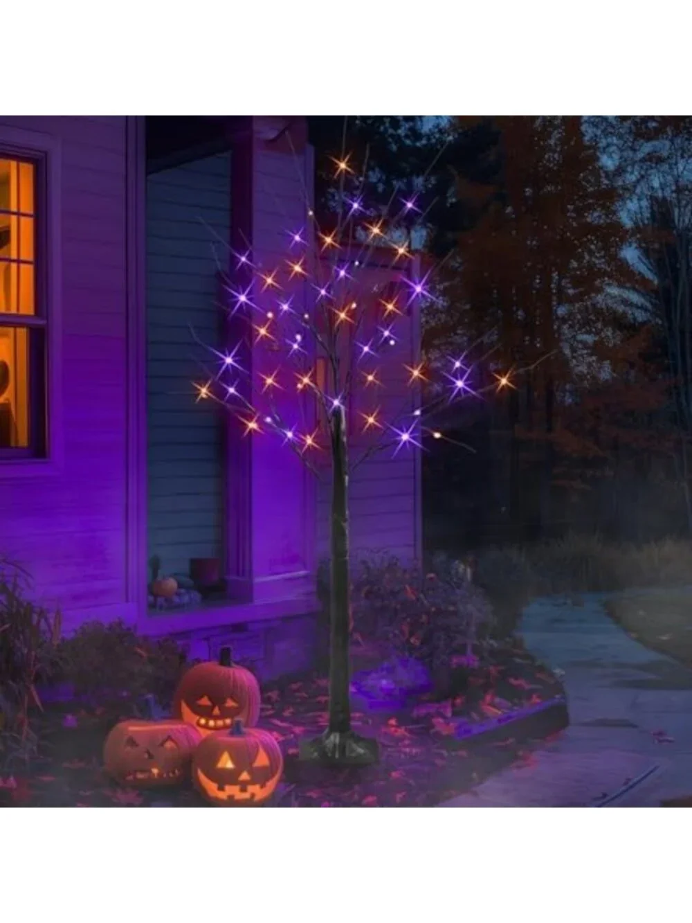 2 Pack 4FT Lighted Birch Trees with 96 LED Purple & Orange Fairy Lights, Timer